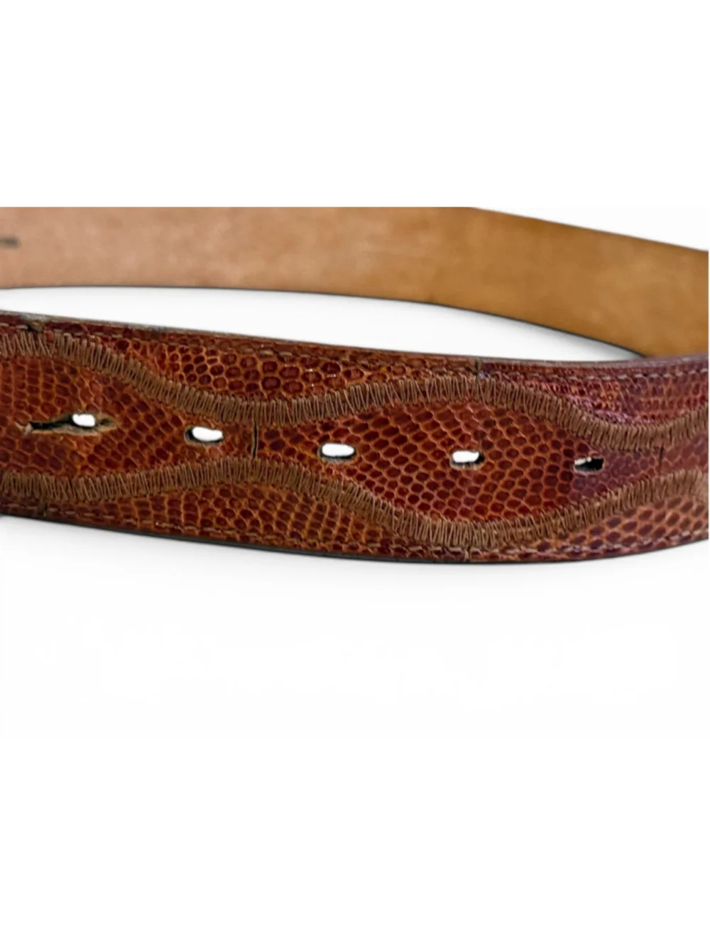 Vintage 80s Nocona Genuine Lizard Leather Belt Brown Gold Buckle Men’s Size 34